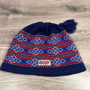Swix Ski Hat Navy Blue Red Fair Isle Wool Blend Fleece Lined Tassel OS